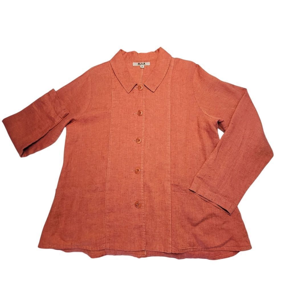 Flax Linen Orangey Red Rust Button Up Jacket Scha… - image 7